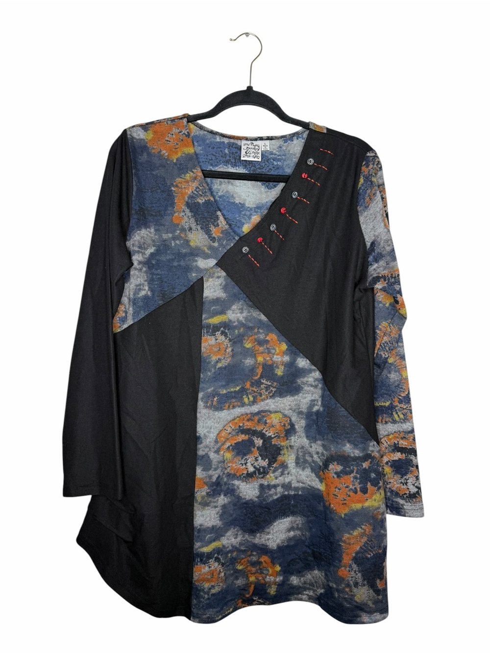 PARSLEY & SAGE / black blue orange tie dye mixed media abstract tunic top / L